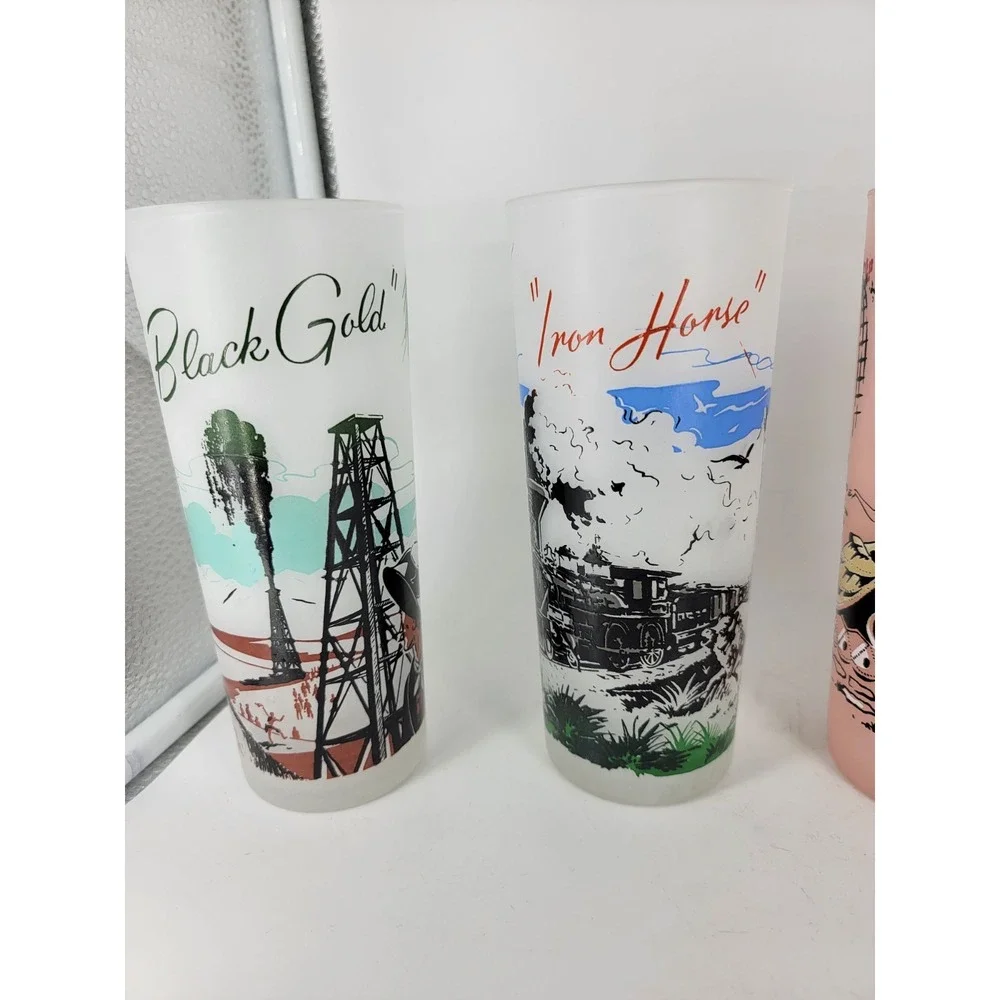 vtg frosted glass highball glasses Gold Strike Black Gold Iron Horse Southern Be